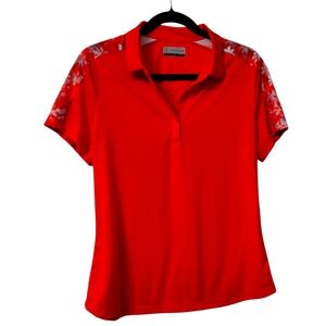 Womans  PGA Tour Red Short Sleeve golf Polo with Floral Detail Size Med NWOT